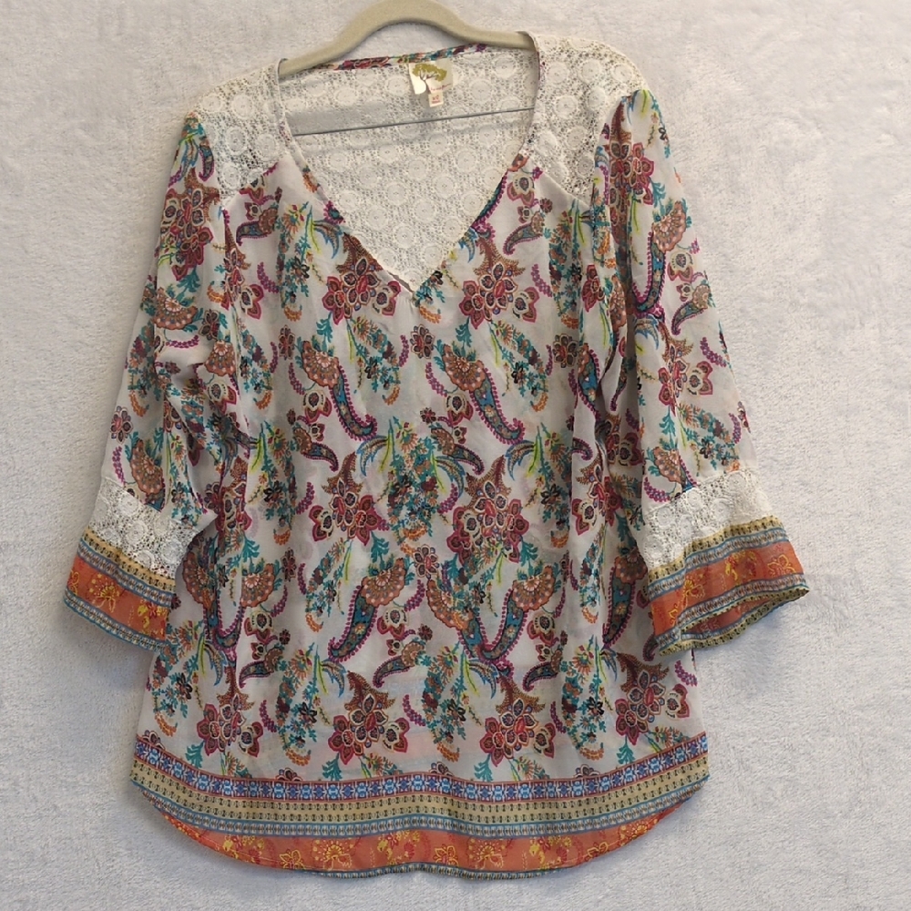 Pig and Flower‎ Women's Sheer Paisley Colorful Hippie Shirt Size XL